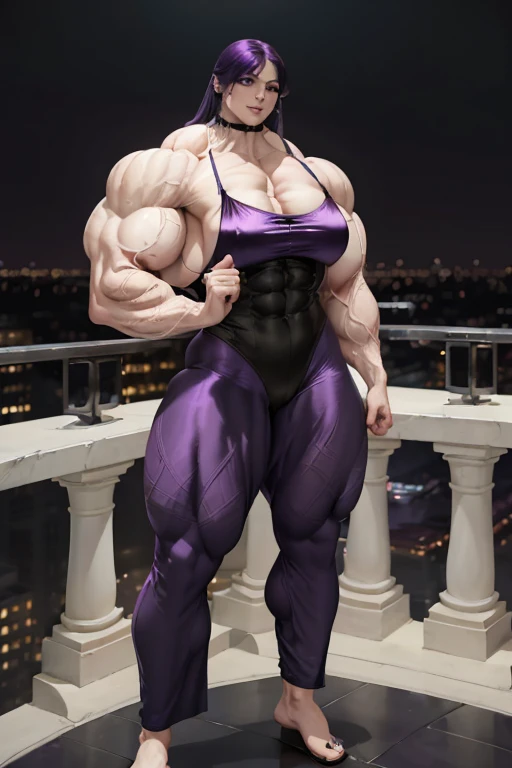 (((((Massive tall, beautiful, buff, pale white skinned muscular woman with violet purple hair, black lipstick, ginormous bulky muscles, standing beautifully and wearing a silk violet pajama blouse with violet silk pajamas pants))))), close view, massive muscles, massive biceps, hyper muscle shoulders, (massive muscle arms), vascular shoulders, hyper muscle triceps, (long hair with long bangs), black eyes, choker, slippers, (in a hotel balcony), confidant smile, night, hyper vascular arms, hyper muscles arms, hyper muscle legs, (massive arms).