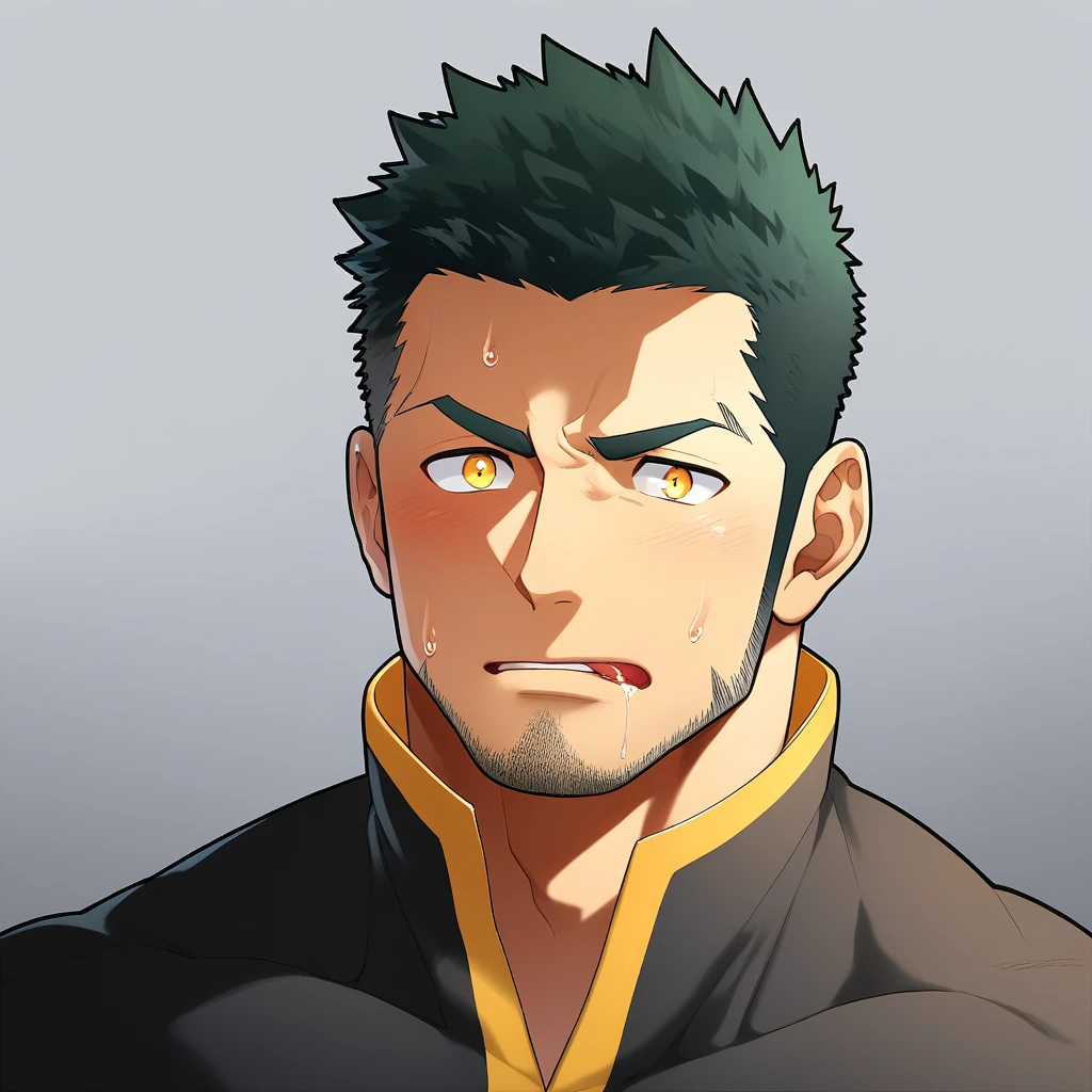 anime characters：Gyee, Priapus, Muscle Sports Student, 1 muscular tough guy, Manliness, male focus, Light yellow high collar long sleeve tight T-shirt, Very tight, The clothes were soaked with sweat, The pectoral muscles are oversized, Slightly transparent, muscular male, muscular, only, Upper body, alone, Black short hair, Thick eyebrows, stubble, Yellow eyes, Grey background, simple background, amazing quality, best aesthetics, Ridiculous, bright pupils, crew cut, parted lips, shy, blush, Moan in pain, moaning, saliva, drooling, saliva trail, drop shadow, best quality
