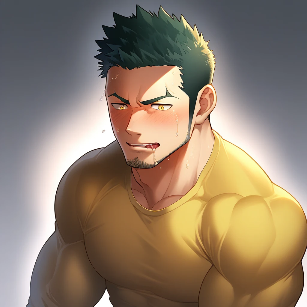 anime characters:Gyee, Priapus, Muscle Sports Student, 1 muscular tough guy, Manliness, male focus, Light yellow high collar long sleeve tight T-shirt, Very tight, The clothes were soaked with sweat, The pectoral muscles are oversized, Slightly transparent, muscular male, muscular, only, Upper body, alone, Black short hair, Thick eyebrows, stubble, Yellow eyes, Grey background, simple background, amazing quality, best aesthetics, Ridiculous, bright pupils, crew cut, parted lips, shy, blush, Moan in pain, moaning, saliva, drooling, saliva trail, drop shadow, best quality