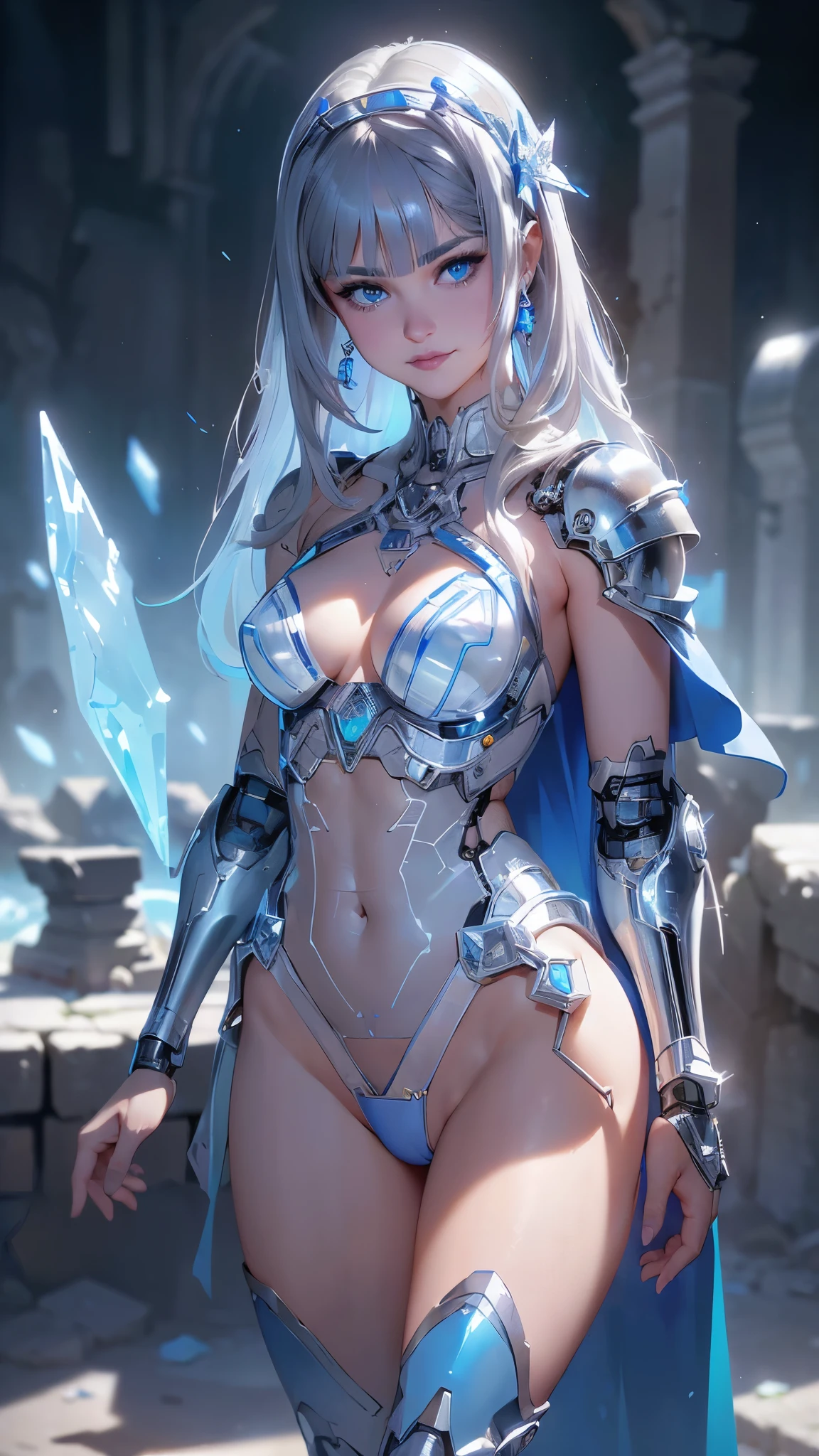 (La Best Quality,A high resolution,Ultra - detailed,actual),Selena Gomez ,(Ruined dungeon ruins background:1.4 ), (BodySuit cyborg white mechanical transparent :1.4), holding pen,(half body blue :1.4) ,Woman,26 years,smile, cute action,(grey  hair:1.4) ,wide hip,(white bikini:1.4) , (orange background:1.1) , nipple, anime girl,very high contrast,deep color, BLUSH,absurdres, ultra detailed, masterpiece, best quality, aesthetic, detailed, ,(Ruined dungeon ruins background:1.4 ),( perfect anatomy :1.4), More detailed 8K.unreal engine:1.4,UHD,La Best Quality:1.4, photorealistic:1.4, skin texture:1.4, Masterpiece:1.8,first work, Best Quality,object object], (detailed face features:1.3),(The correct proportions),(Beautiful blue eyes),  (cowboy pose), (Selena Gomez :1.4), (has a super gil cape transparent :1.4 ),( Traje white cyborg superman :1.4), (fondo cueva piedras grandes hielo congelado :1.4), (nsfw:1.4 ),(nsfw V2.1)