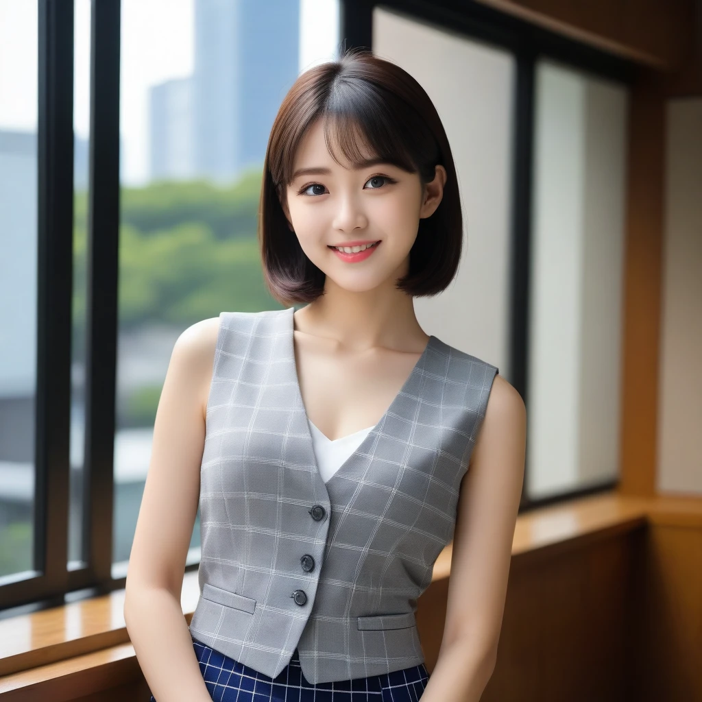 8K, Ultra-high resolution, Highest quality, masterpiece, 三分割法によるphotograph,Surreal, photograph, 1 girl, (16 years old:1.3), pretty girl, Cute face, Beautiful eyes in every detail, 細かくdetailedに,masterpiece,, One Girl:1.2, Japan Female Announcer,whole body、Black Hair、well-groomed eyebrows、Cute Lip Makeup,1 Woman Standing, office worker, (White and grey checked vest:1.2) (Navy pencil skirt) , (Modern office indoors), Cityscape of windows, detailedな背景,Cute gestures、so beautiful,A carefree smile,Healing the heart,blunt bangs,Looking at the audience、beauty,Long neck、Laugh a little、Please close your mouth and laugh、(((Ideal body type))),A-cup small breasts :2,、Portraiture:2、Perfect Anatomy、鮮明なdetailed、detailed、Surreal、Light and shadow,Strong light