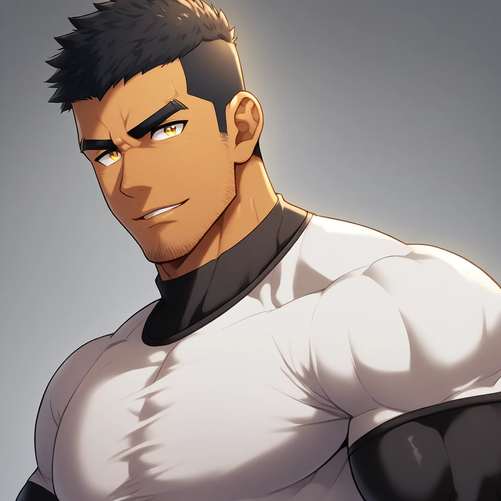 anime characters:Gyee, Muscle Sports Student, negro black skin, 1 dark skin muscular tough guy, Manliness, male focus, Yellow and black striped high collar long sleeve tight T-shirt, Slightly transparent material, Very tight, Round, full and perky chest muscles, Slightly transparent, muscular male, muscular, only, Upper body, alone, Black short hair, Thick eyebrows, stubble, Yellow eyes, Grey background, simple background, amazing quality, best aesthetics, Ridiculous, bright pupils, crew cut, parted lips, seductive smile, torogao, naughty face, drop shadow, best quality