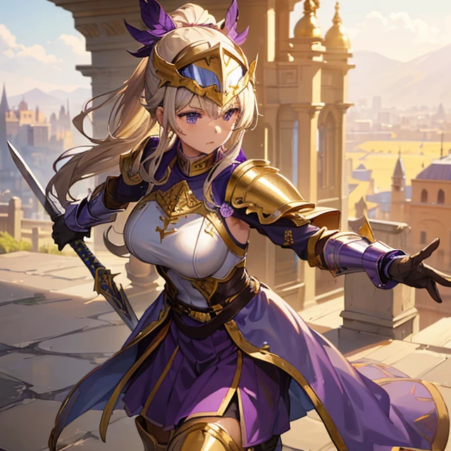 (Very detailed best high quality image, very detailed background, very detailed character)
1character, super soldier knight, 3 meters height,
Armor: (purple helmet with golden trim, helmet golden ponytail, light blue helmet visor, purple big shoulder pads with golden trims, purple elbow pads with golden trims, big purple boots with golden trims)
Weapons: (long sword, silver blade, golden handle)
Armenian city background