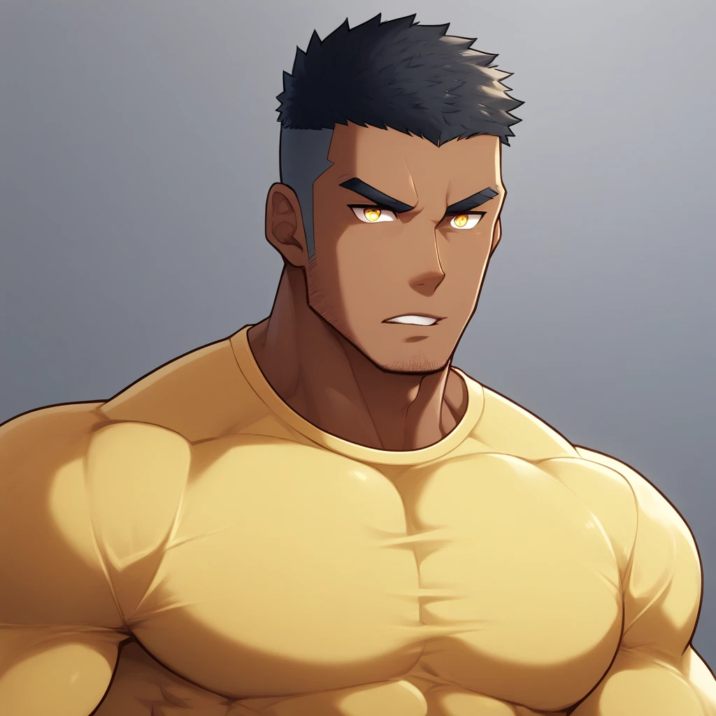 anime characters：Gyee, Muscle Sports Student, negro black skin, 1 dark skin muscular tough guy, Manliness, male focus, Light yellow high collar long sleeve tight T-shirt, Slightly transparent material, Very tight, Round, full and perky chest muscles, Slightly transparent, muscular male, muscular, only, Upper body, alone, Black short hair, Thick eyebrows, stubble, Yellow eyes, Grey background, simple background, amazing quality, best aesthetics, Ridiculous, bright pupils, crew cut, parted lips, seductive smile, torogao, naughty face, drop shadow, best quality