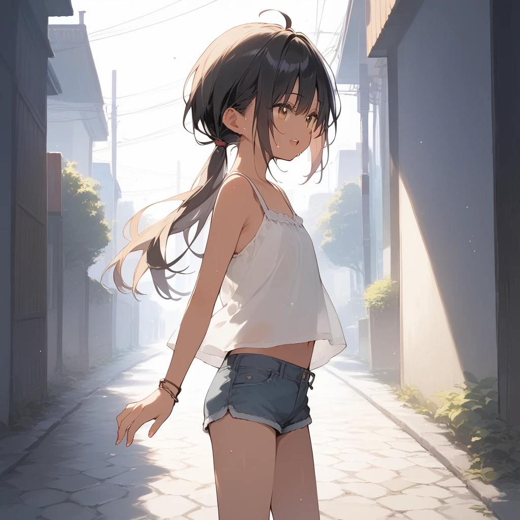 score_9, score_8_up, score_7_up, source_anime, best quality, masterpiece, official art, absurdres, highres, ultra-detailed,waifu2x,Collection: Slice of Life,break,1girl, tomboy, dark-skinned female, short hair, low ponytail, flat chest, beautiful detailed eyes, short shorts, sweat, open mouth, (yawn:0.3), sleepily, outdoors, wind, break,(clear line illustration:1.2),very high resolution, very aesthetic, super detailed skin, Best sexual lighting powered by famous artist, 8k,cute picture,beauty illustration,photoshop_(medium),,(Detailed Lighting),best anime 8k konachan wallpaper, pixiv contest winner, 