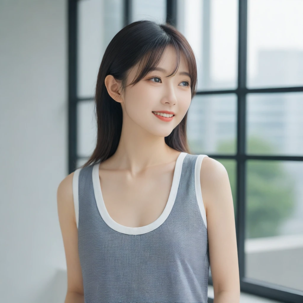 8K, Ultra-high resolution, Highest quality, masterpiece, 三分割法によるphotograph,Surreal, photograph, 1 girl, (16 years old:1.3), pretty girl, Cute face, Beautiful eyes in every detail, 細かくdetailedに,masterpiece,, One Girl:1.2, Japan Female Announcer,whole body、Black Hair、well-groomed eyebrows、Cute Lip Makeup,1 Woman Standing, office worker, (White and grey checked vest:1.2) (Navy pencil skirt) , (Modern office indoors), Cityscape of windows, detailedな背景,Cute gestures、so beautiful,A carefree smile,Healing the heart,blunt bangs,Looking at the audience、beauty,Long neck、Laugh a little、Please close your mouth and laugh、(((Ideal body type))),A-cup small breasts :2,、Portraiture:2、Perfect Anatomy、鮮明なdetailed、detailed、Surreal、Light and shadow,Strong light