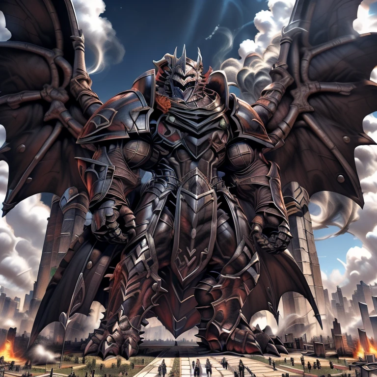 (masterpiece. official art. 8k. best quality. detailed full body. full body.)
(situation 1 : dominating demon lord dragon batzz. focus Colossus mechanical Muscular demon lord dragon batzz is trampling the CITY. macro. stomp. Low-angle perspective. emphasizing the immense size. The perspective is from below, emphasizing the sheer majesty and power of the Colossus. Colossus art. He is much bigger than a skyscraper. Giga Colossuss. micro soccer field. looking down.)

(situation 2 :smoke and flames rising from the destruction in the city. macro. stomp. Low-angle perspective. emphasizing the immense size. The perspective is from below, emphasizing the sheer majesty and power of the Colossus. Colossus art. He is much bigger than a skyscraper. Giga Colossuss. looking down.)

(Additional details 1: wearing a full-face helmet. helmet is jet black. The color of NANOSUIT is jet black. high-tech bio-mecha armor. real texture material. whole body shines like metal. Wearing cyberpunk mecha. emphasizes the muscles. suit fully made of metal. intricate armor. Robotic suit. suit fully made of metal. NANOSUIT with the same design as demon lord dragon batzz.). (demon lord dragon batzz has 5 toes.)

(Additional details 2: (Detailed head. Detailed Body. Detailed abs. gigantic muscles. HYPER MUSCLES. Gigachad Muscular. big muscle. pecs. triceps. traps. unusually developed muscular body. body full of huge muscles. showing off muscles. pectorales enormes. Exaggeratedly huge muscles. huge muscles. long legs.).

(Additional details 3: nj5furry, Spread wings. It has wings. black have big wings. The claws are sharp. Sharp teeth.5 toes.). 