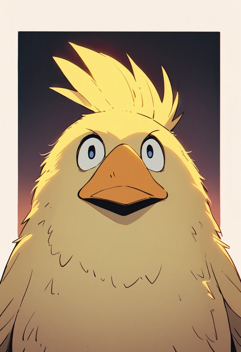 cartoon character of a yellow bird with big eyes, noot, blank stare, duckface, sentient bird, stern look, sad muppet eyes, stern face, human staring blankly ahead, looking confused,