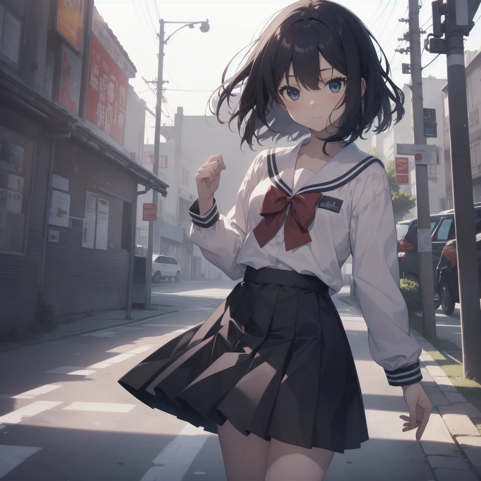 ultra-absurdres-Top quality by artist God, ultra-detailed, high resolution, anime moe artstyle, best anime 8k konachan wallpaper, pixiv contest winner, pool:2810, perfect anatomy,break, 1girl, (Please draw a girl walking sleepily to school alone. )break,(Solo,little female, 13-year-old:1.3),Full limbs, complete fingers,a junior high school student, (very short hair), short cut, flat chest, , small butt, small black eyes, beautiful detailed eyes, well-proportioned iris and pupils, expressive eyes, highres detailed hair, soft expression, salor school_uniform, sailor collar, serahuku, bow, pleated skirt,(Detailed Lighting), (Detailed background), in the School commute route. break,super detailed skin, Best cinematic lighting powered by famous artist, 8k,beauty illustration,photoshop_(medium),very aesthetic,break,((artist:saiguchi_otoufu )), artist:clamp ,artist:carnelian ,artist:kantoku ,