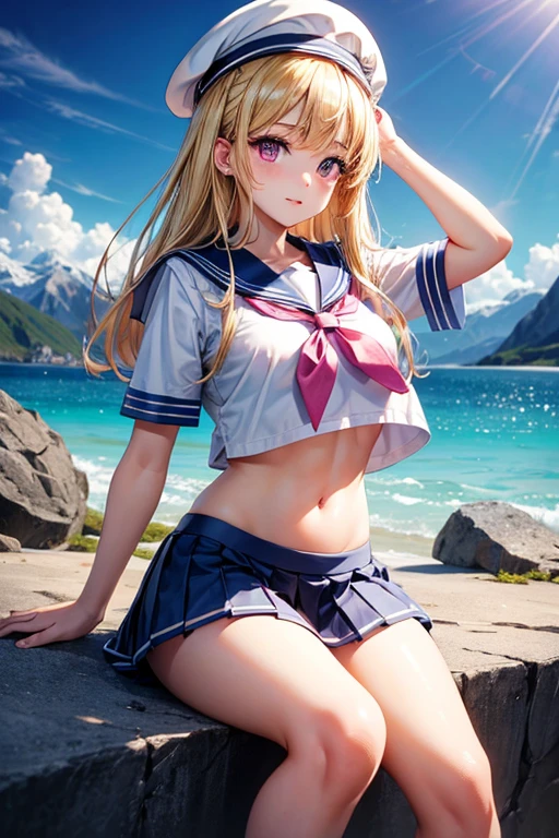 (Masterpiece), 1 girl, Alone, Best Quality, expressive eyes, Perfect face, (YOUNG, Pretty girl), blonde hair BREAK pink eyes BREAK sailor uniform, sailor hat, Skirt, mountains, Rocks, :d, Exposed navel