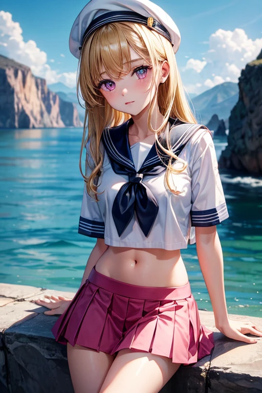 (Masterpiece), 1 girl, Alone, Best Quality, expressive eyes, Perfect face, (YOUNG, Pretty girl), blonde hair BREAK pink eyes BREAK sailor uniform, sailor hat, Skirt, mountains, Rocks, :d, Exposed navel