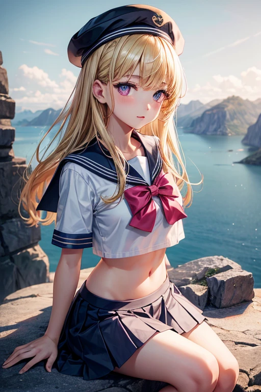 (Masterpiece), 1 girl, Alone, Best Quality, expressive eyes, Perfect face, (YOUNG, Pretty girl), blonde hair BREAK pink eyes BREAK sailor uniform, sailor hat, Skirt, mountains, Rocks, :d,  navel