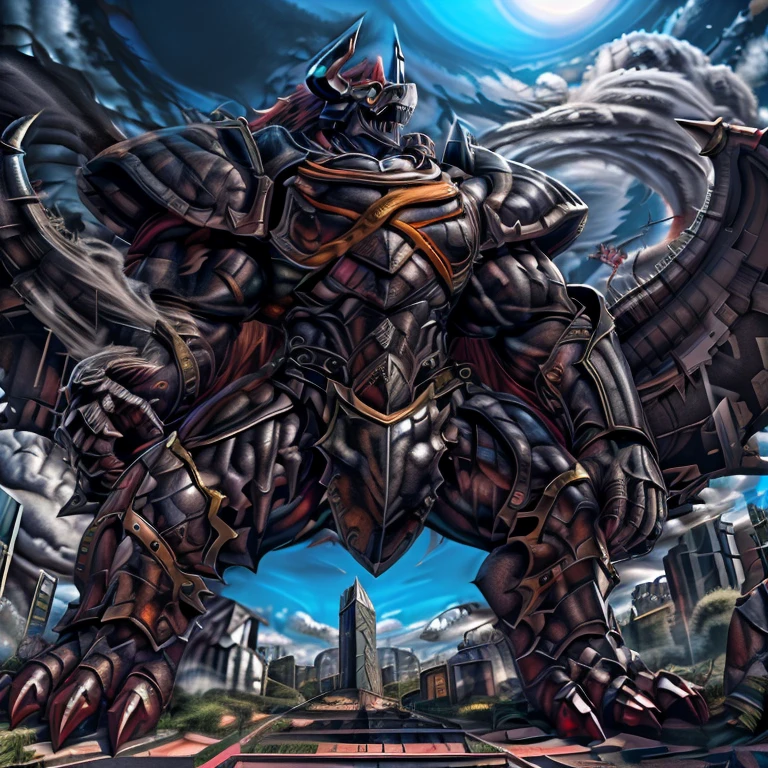 (masterpiece. official art. 8k. best quality. detailed full body. full body.)
(situation 1 : dominating demon lord dragon batzz. focus Colossus mechanical Muscular demon lord dragon batzz is trampling the CITY. macro. stomp. Low-angle perspective. emphasizing the immense size. The perspective is from below, emphasizing the sheer majesty and power of the Colossus. Colossus art. He is much bigger than a skyscraper. Giga Colossuss. micro soccer field. looking down.)

(situation 2 :smoke and flames rising from the destruction in the city. macro. stomp. Low-angle perspective. emphasizing the immense size. The perspective is from below, emphasizing the sheer majesty and power of the Colossus. Colossus art. He is much bigger than a skyscraper. Giga Colossuss. looking down.)

(Additional details 1: wearing a full-face helmet. helmet is jet black. The color of NANOSUIT is jet black. high-tech bio-mecha armor. real texture material. whole body shines like metal. Wearing cyberpunk mecha. emphasizes the muscles. suit fully made of metal. intricate armor. Robotic suit. suit fully made of metal. NANOSUIT with the same design as demon lord dragon batzz.). (demon lord dragon batzz has 5 toes.)

(Additional details 2: (Detailed head. Detailed Body. Detailed abs. gigantic muscles. HYPER MUSCLES. Gigachad Muscular. big muscle. pecs. triceps. traps. unusually developed muscular body. body full of huge muscles. showing off muscles. pectorales enormes. Exaggeratedly huge muscles. huge muscles. long legs.).

(Additional details 3: nj5furry, Spread wings. It has wings. black have big wings. The claws are sharp. Sharp teeth.5 toes.). 