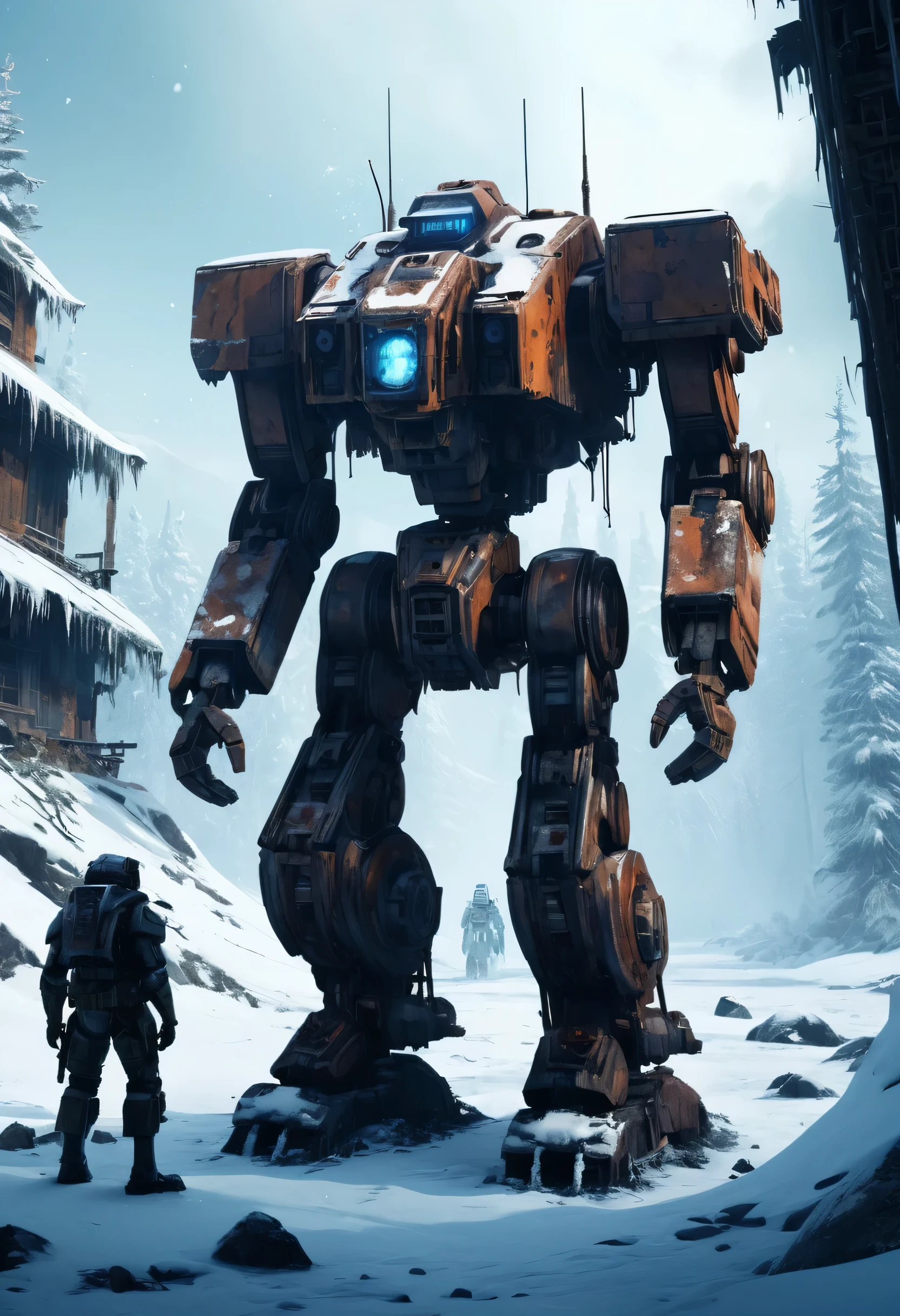 Create an abandoned mech robot dystopian scene, Frozen in time by rust, Capture the moment of terror
