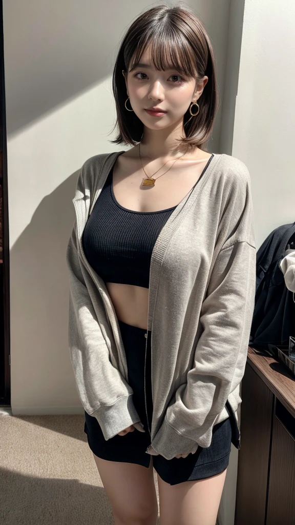 masterpiece, best quality, illustration, Super detailed, fine details, High resolution, 8K,wall paper, perfect dynamic composition, full body photo, leaning forward, (Details High quality, realistic depiction of eyes:1.3), Do not expose your breasts., 20 year old girl, Gravure Idol, cute type, large breasts, short bob hair, black hair color, Korean style makeup, Big Natural Color Lip, thick thighs, perfect body shape, plump figure, Above-the-knee length Oversized champion gray sweatshirt, necklace, earrings