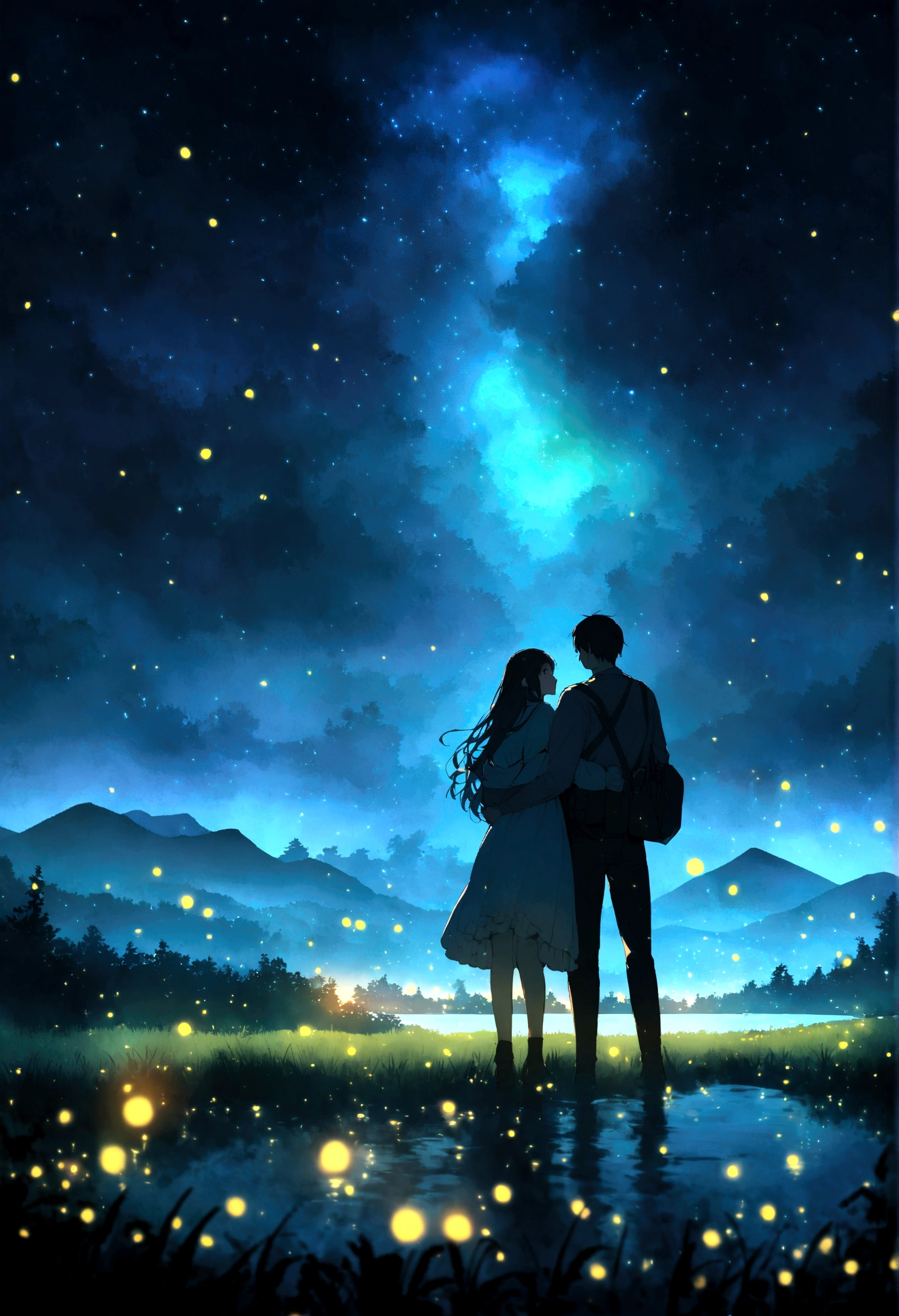 A lake at night with lots of fireflies flying around、Young men and women hugging each other、Wonderful landscape,Cinematic atmosphere,