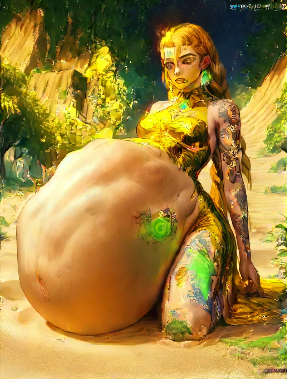 (A beautiful cinematic ornamented female sand goddess, golden dress, glow golden tattoo), large belly, person in belly, massive belly, vore belly, vore, (galactic Shaman with Quantum Energy fantasy), fantasy magic, long hairstyle, dark light night, intricate, ethereal, sharp focus, illustration, highly detailed, digital painting, concept art, matte, (art by WLOP), (by Justin Gerard and Jason Edmiston: 1.5), (by Greg Rutkowski: 0.4), (by Alphonse Mucha: 0.4), masterpiece