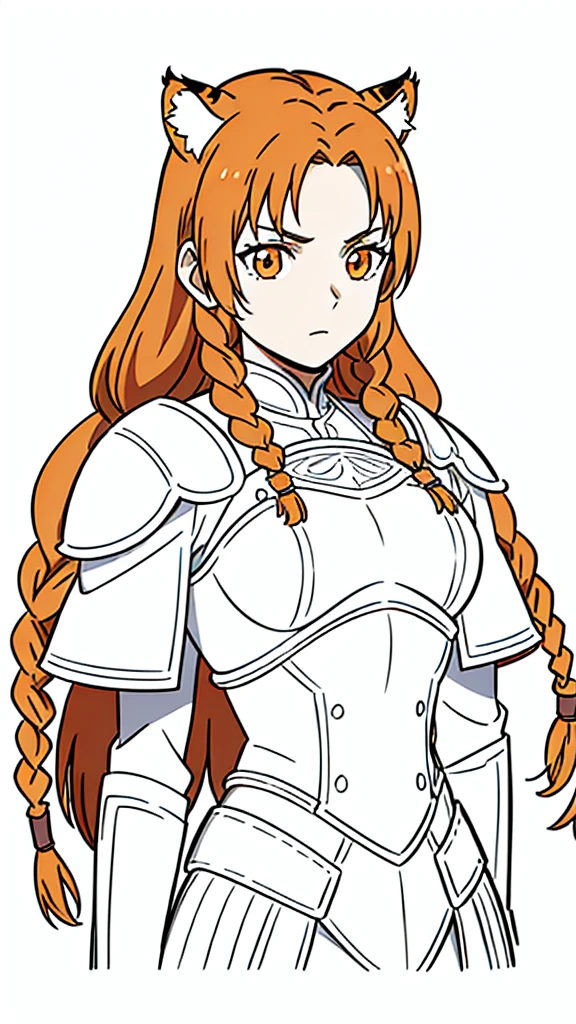 (1girl,20 years old,mature female,solo),tiger ears,long hair,(twin braids),orange hair,white knight armor,(white background,line drawing),upper body,serious, put your hands in side,upper body