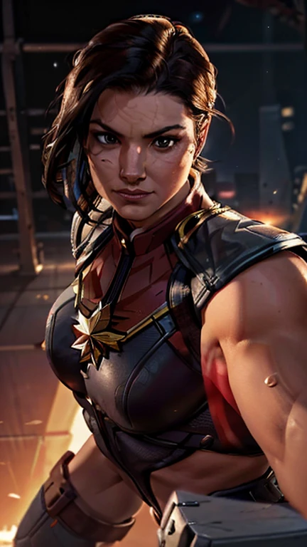 Captain Marvel(Gina Carano face), combat stance, highly detailed, vibrant appearance, creative behavior, extremly detailed, imaginative, sensual, spontaneous, small round breasts, athletic physique, round ass, revealing, highest quality, skin texture, intricate details, (cinematic lighting), RAW photo, 8k, masterpiece,best quality,ultra-detailed,very detailed illustrations,extremely detailed,intricate details,highres,super complex details,extremely detailed 8k cg wallpaper,