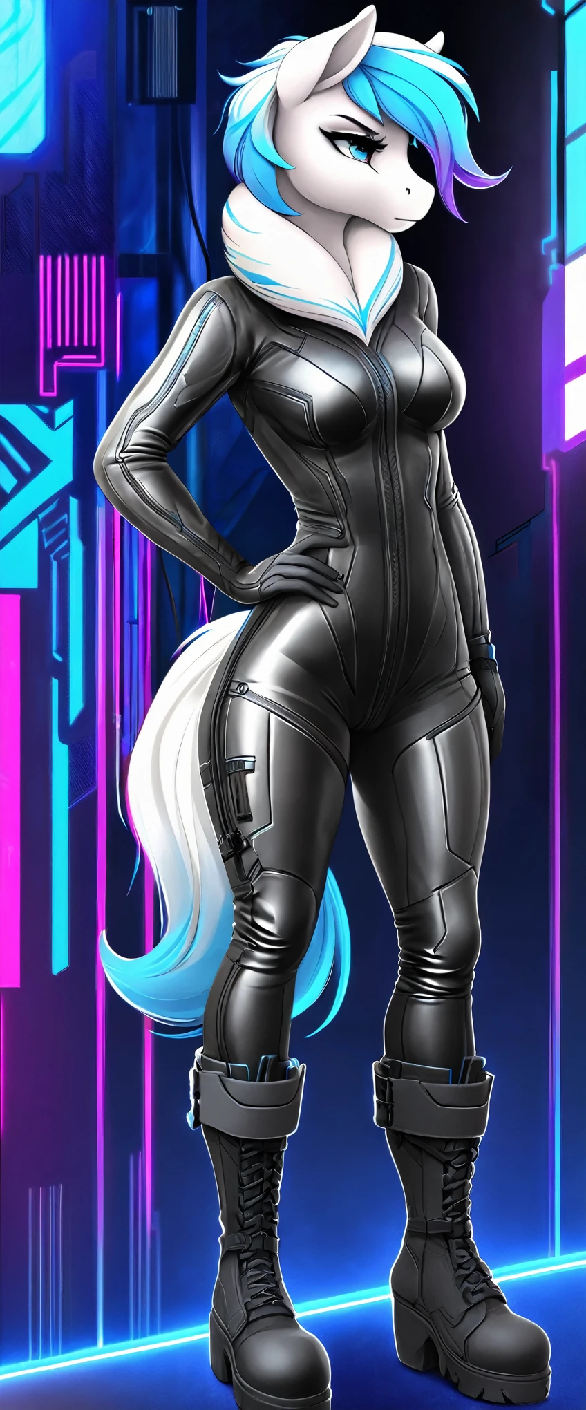a ((full body)) cartoon picture of an anthropomorphic (((pony:0.9))), cyberpunk style, (((shiny latex cyberpunk neck-entry full bodysuit:1.5))), (((techwear jacket on top:0.9))), (((calf-high boots))), generic MLP style, professional drawing, female anthro pony, medium breasts, ((frowning)), (((semi realistic cream white fur))), (((detailed eyes:1.0))), electric blue colored cyberpunk mane and tail with violet tips.