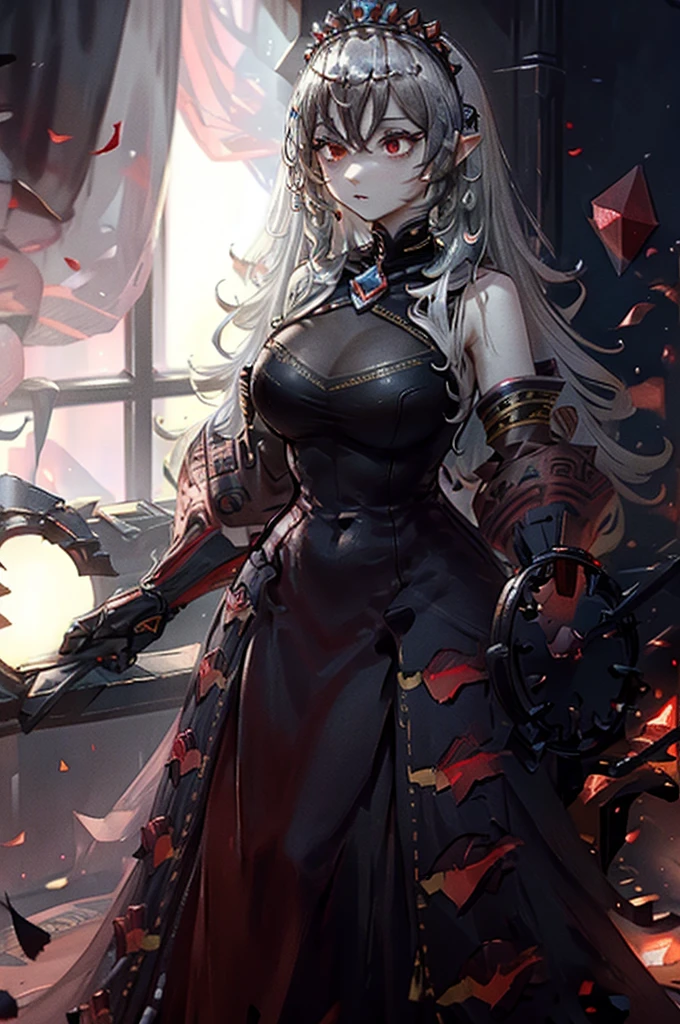 A beutiful woman with gray hair, red and black dress, big , with a tiara