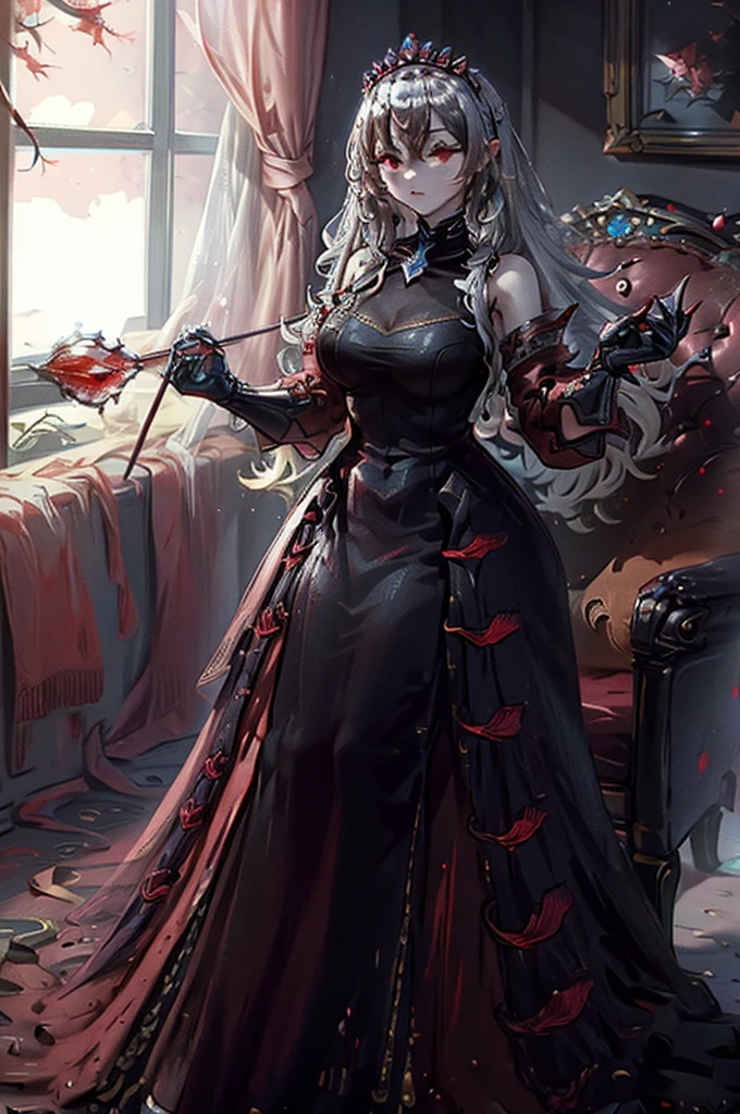 A beutiful woman with gray hair, red and black dress, big , with a tiara