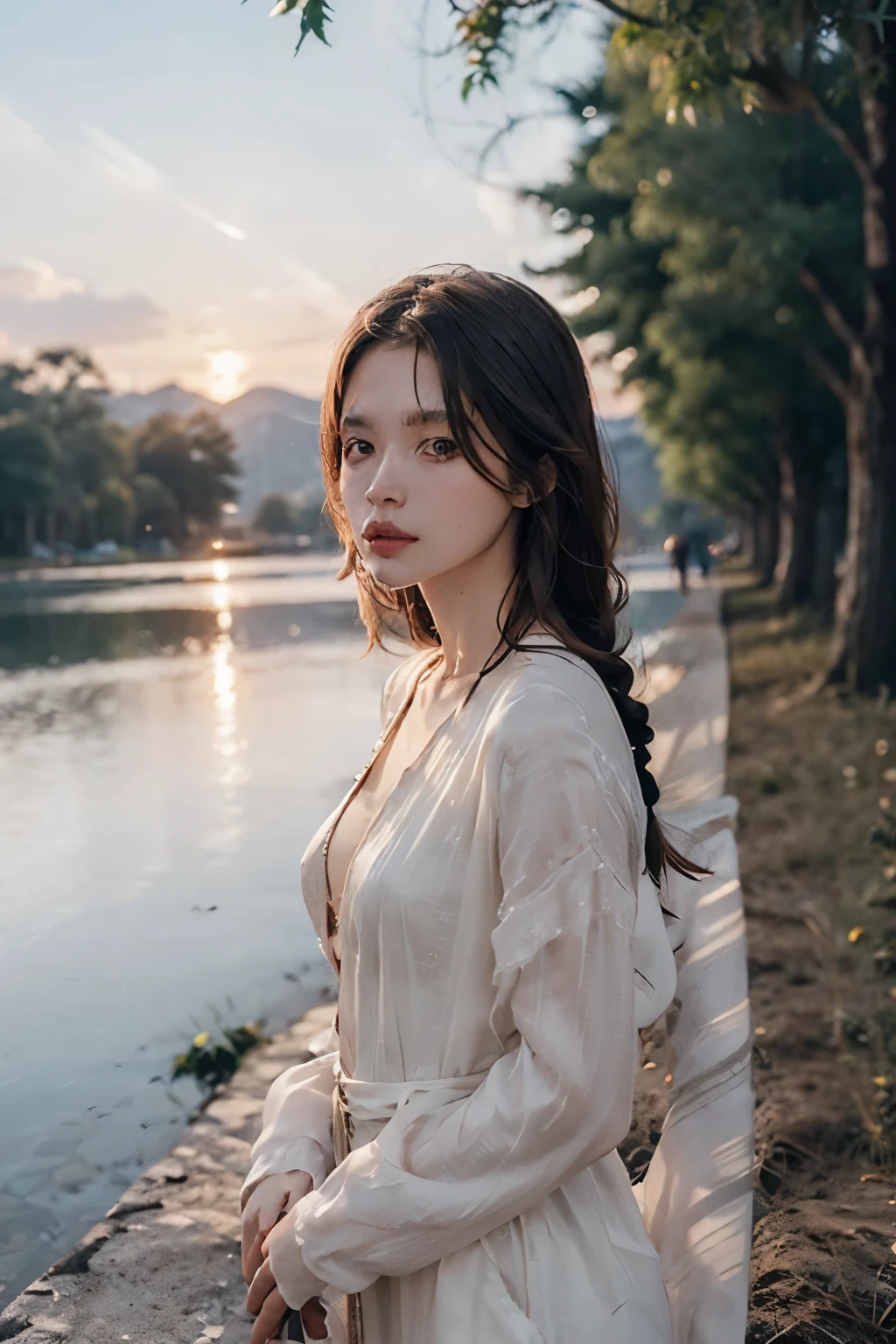 Masterpiece, best quality, silky smooth skin, depth of field, close to the face, detailed eyes and face, 1 girl, big adorable eyes, serene expression, mesmerizing eyes, long straight hair, flowing dress, poised posture, porcelain skin, subtle blush, BREAK golden hour crystal pendant, (rim lighting): 1.2, warm tones, sun flare, shadows soft, vibrant colors, pictorial effect, dreamy atmosphere BREAK scenic lake, distant mountains, willow tree, calm water, reflection, sunlit clouds, tranquil ambience, idyllic sunset, ultra detailed, official art, unity 32k wallpaper, zen tangle, mandala, braid,Delicate beauty face,High quality photo quality images,Small breasts,Flat Bust,Thin cotton clothing through which the nipples of the breasts are visible,