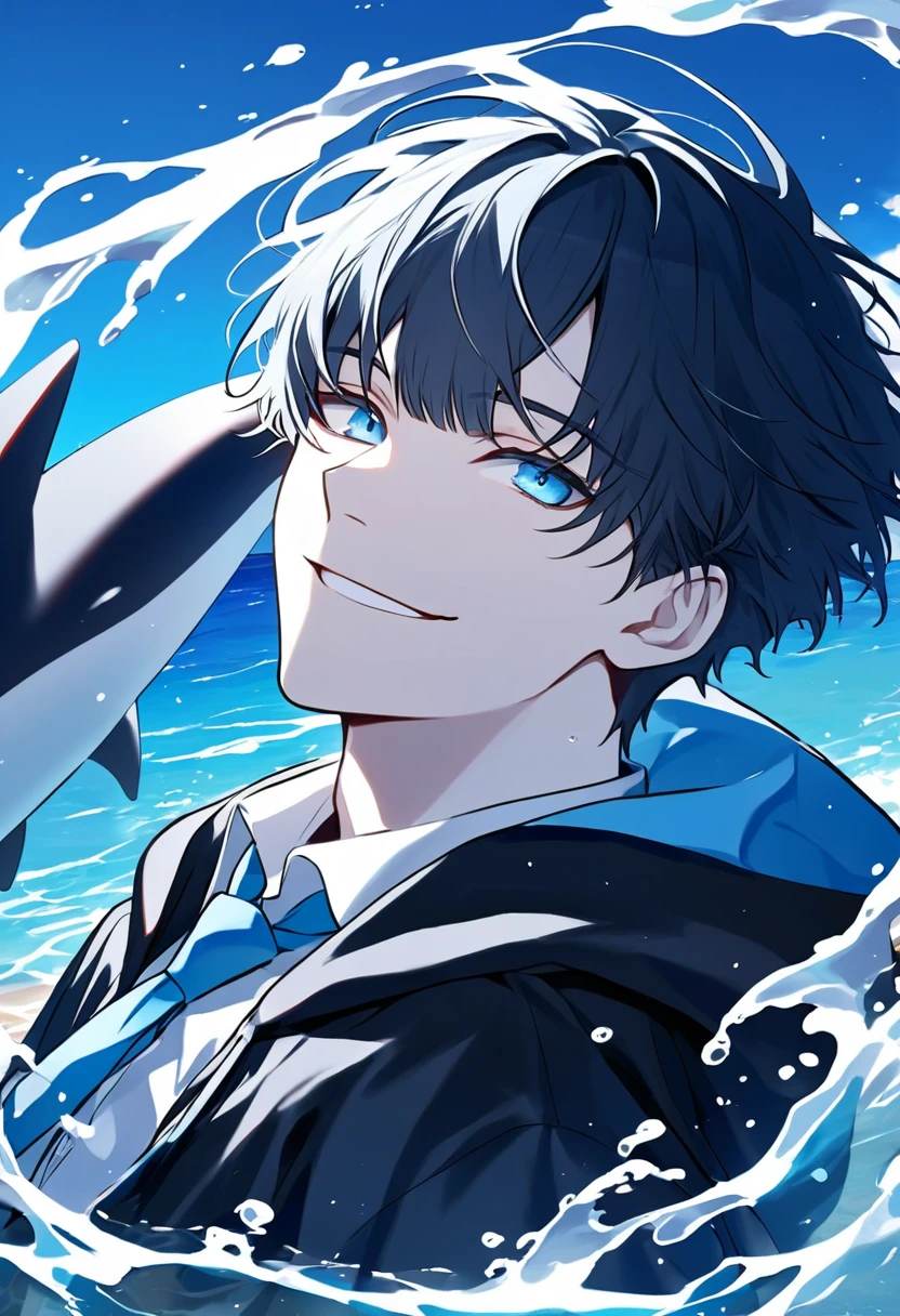 solo, handsome, 1 male, short hair, black and white color hair, with bangs, pale blue eyes, white shirt, light blue tie, black hooded, smile facial, sea, orca
