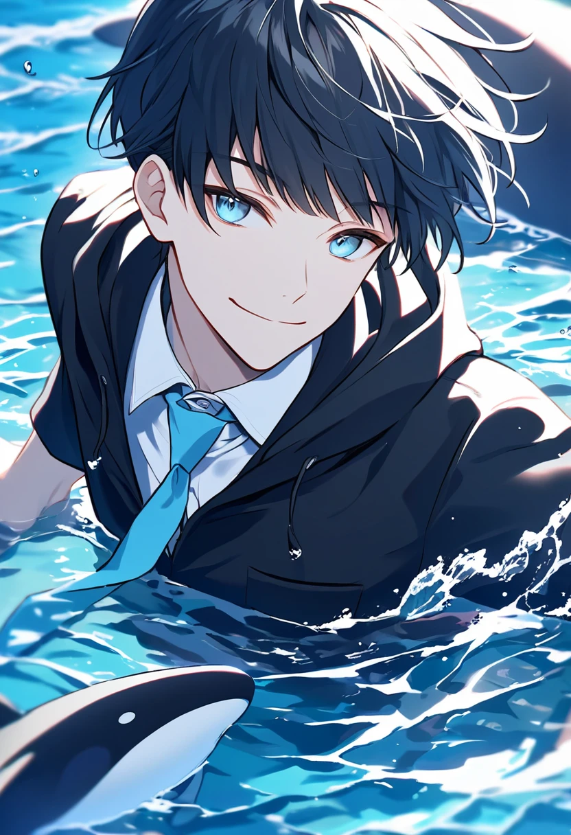solo, handsome, 1 male, short hair, black and white color hair, with bangs, pale blue eyes, white shirt, light blue tie, black hooded, smile facial, sea, orca