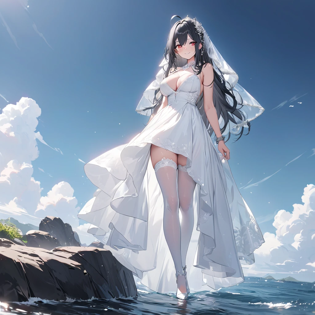 A mature woman, black hair, long hair, wearing a white dress, with exposed thigh, long white stockings, silver details on the dress, wearing a transparent wedding veil, red eyes, silver clip, silver bracelet, white heels, smiling, large breasts , ahoge hair, standing postured, perfect face, perfect eyes, on a rock in the sea, background sea, detailed rocks, daytime location with sky and clouds.UHD, masterpiece, accurate, anatomically correct, textured skin, super detail, high quality, best quality, 8k, high resolution, bokeh effect. (woman alone)
