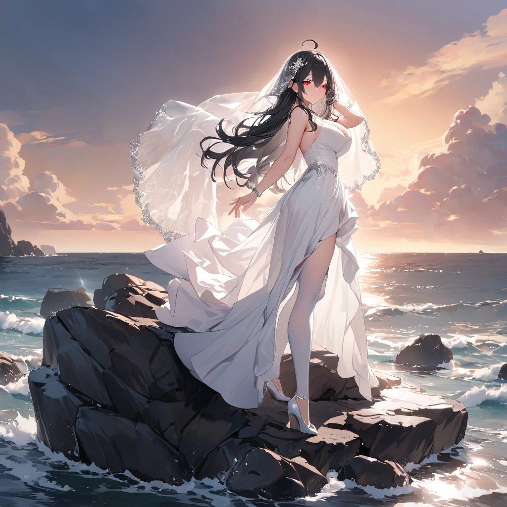 A mature woman, black hair, long hair, wearing a white dress, with exposed thigh, long white stockings, silver details on the dress, wearing a transparent wedding veil, red eyes, silver clip, silver bracelet, white heels, smiling, large breasts , ahoge hair, standing postured, perfect face, perfect eyes, on a rock in the sea, background sea, detailed rocks, daytime location with sky and clouds.UHD, masterpiece, accurate, anatomically correct, textured skin, super detail, high quality, best quality, 8k, high resolution, bokeh effect. (woman alone)
