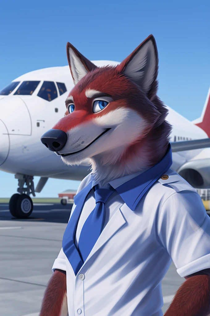 Ivan Fedorovich Wolfbach (Novosibirsk) ,высокий Beautiful, wolf,young, 24 years, brown fur,Kind,(red body:1.3),beautiful blue eyes,Novosibirsk,dressed,civil aviation pilot uniform,White shirt,epaulets командира, черный tie, trousers,airline pilot, commander&#39;s cap, trousers,canine, wolf, detailed fur, male, second, paw pads, finger claws,At the viewer, 5 fingers, paws, 5 fingers, smile, wrist watch, т nextel,by xenoforge, (difficult, high detail, digital photography, soft focus, RAW,goes for a walk, ,Very close to the camera,airport,Novosibirsk, smile, good mood, positive, Very close to the camera, plaid shirt, At the hairdresser, without hair, epaulets captain, 
Photorealism, realistic, photorealistic, digital style, Subsurface scattering,I look at the viewer,стоит White shirt, epaulets, captain, trousers, tie, next to a Boeing 747 400 plane,smile, teeth, Beautiful, black tie, pilot civill aviation
masterpiece, Best quality, ultra realistic, 8 thousand.)