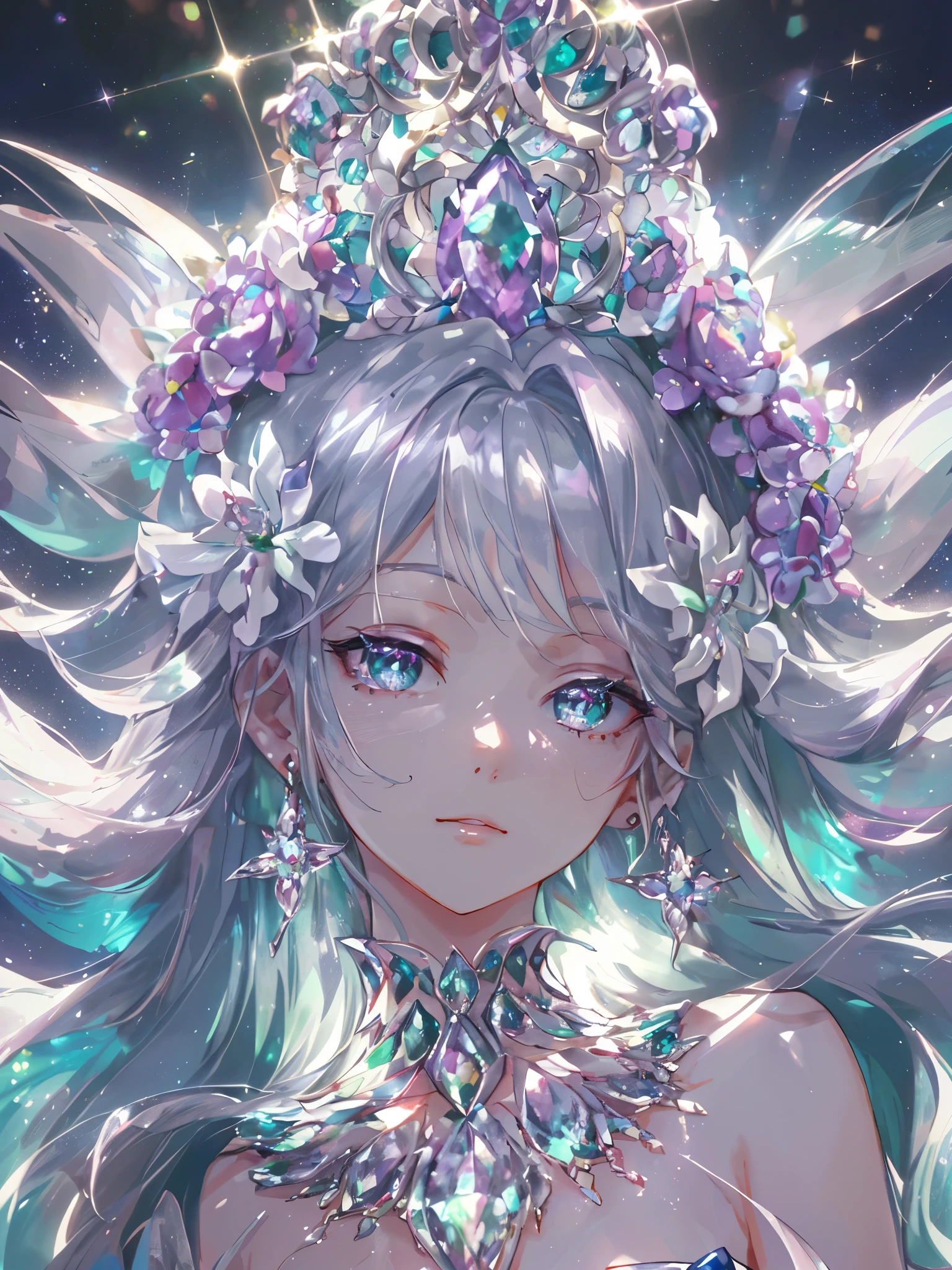 masterpiece, highest quality, figure, alexandrite eyes and hair, platinum earrings, Platinum Necklace, white dress, The Little Mermaid, cute, (dynamic lighting:1.2), cinematic lighting, delicate features, fine eyes, sharp pupils, realistic student, Depth of bounds written, Bokeh, sharp focus, (very detailed, bloom, shine:1.4), Many Small Gems, big tits