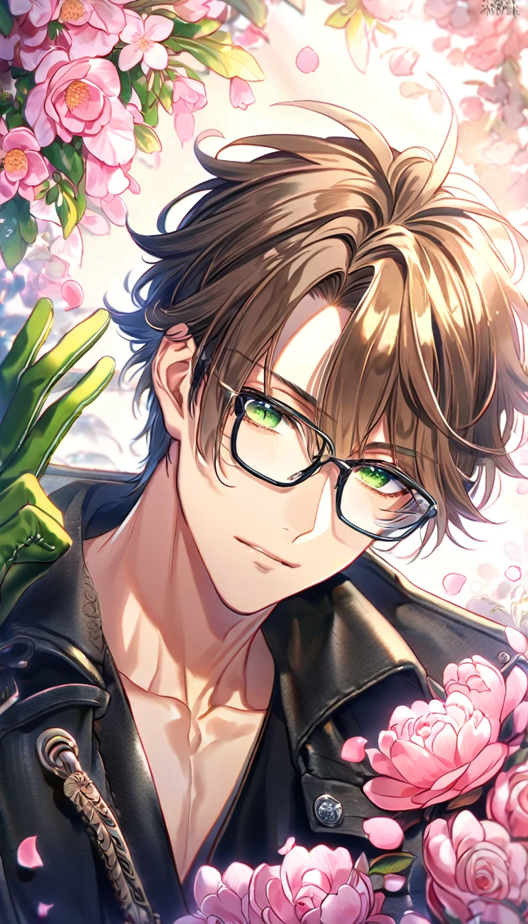 absurdres, highres, ultra detailed, HDR, master piece, best quality, Kento, expressive green eyes, messy hair, mousy brown hair, with bangs, Amnesia Memories, solo, sexy man, handsome, black trench coat, glasses with black frames, green gloves, fantasy, shining, pink flowers, pink blossoms, pink butterflies, pink petals