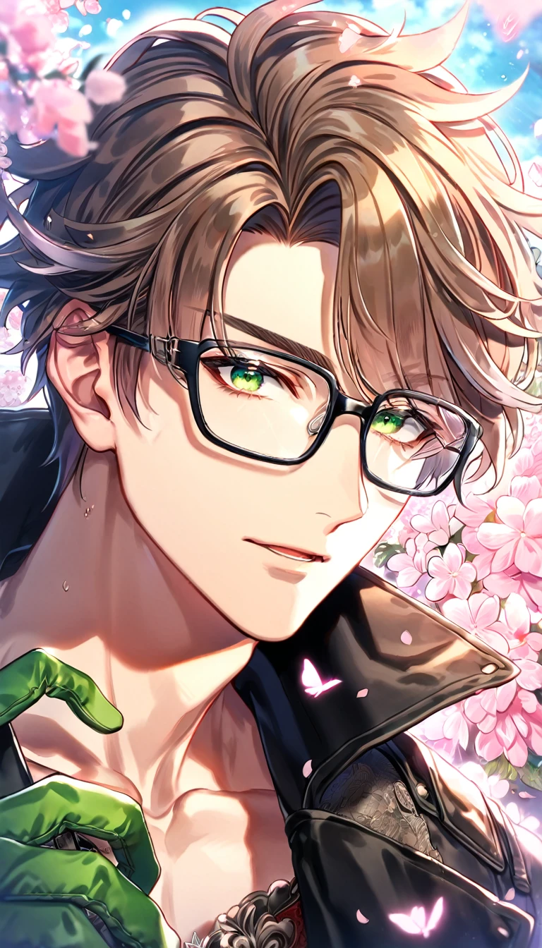 absurdres, highres, ultra detailed, HDR, master piece, best quality, Kento, expressive green eyes, messy hair, mousy brown hair, with bangs, Amnesia Memories, solo, sexy man, handsome, black trench coat, glasses with black frames, green gloves, fantasy, shining, pink flowers, pink blossoms, pink butterflies, pink petals