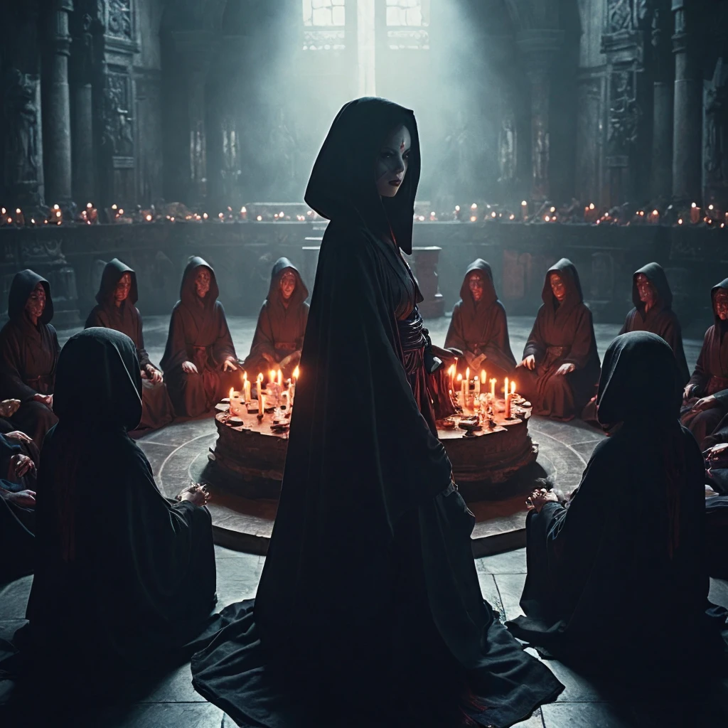 (very sharp result, cinematic desaturated photo) (((dramatic shading))), (((Best Quality))), (((masterpiece))) (((hyper realistic photo))) in starwars universe, gloomy sacred horror magical mood, dramatic backlight shadow, wide view of a sith temple, gothical room ambience, there`s many high priestess japanese girl in black cult hoodie, during a sacrifice ritual, pale skin, mysterious sinister bright red eyes sit at the centre of ritual altar, surrounded by high priestesses