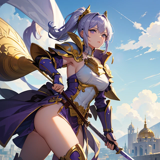 (Very detailed best high quality image, very detailed background, very detailed character)
1male character, super soldier knight, 3 meters height, 
Armor: (purple helmet with golden trim, helmet golden ponytail, light blue helmet visor, purple big shoulder pads with golden trims, purple elbow pads with golden trims, big purple boots with golden trims)
Weapons: (long sword, silver blade, golden handle)
Armenian city background