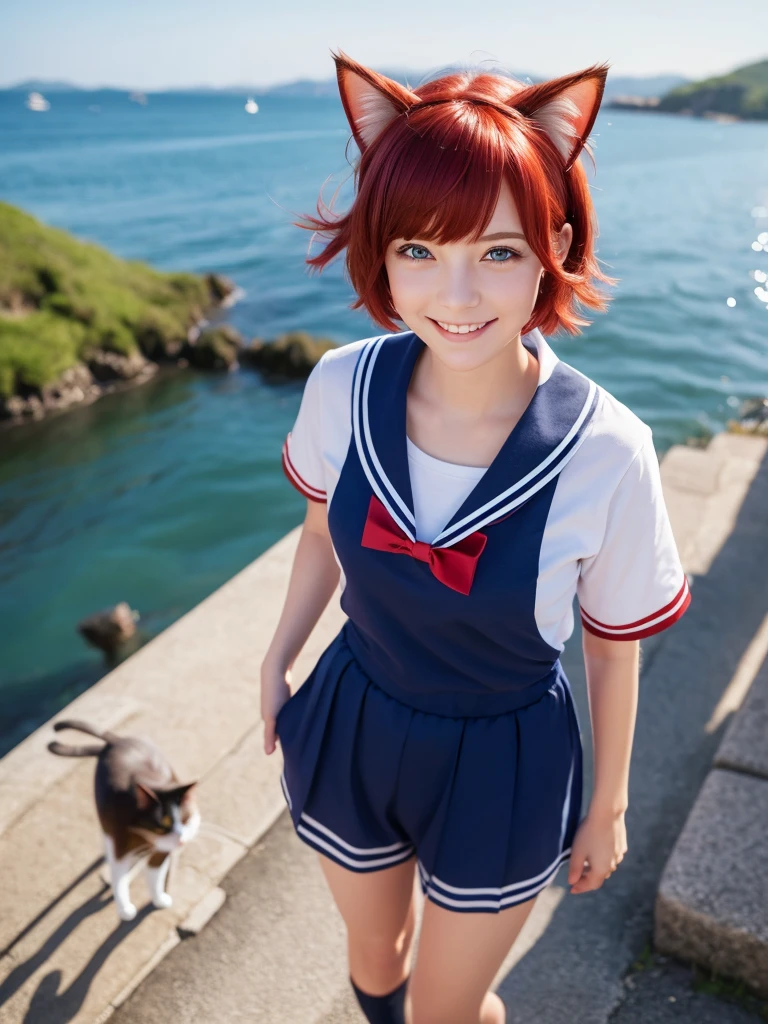 Highest quality,High resolution,１People Girl,whole body,fine,smile,looking at the camera,short hair,Crimson hair,Blue eyes,Sailor suit,beautiful girl,Cat ears on the head,Cat tail on waist,smile,be happy,Landscape,Run,