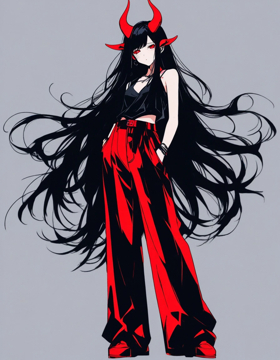 masterpiece, Score_9, Score_8_up, Score_7_up, front view, 1 woman, alone, black hair with red, long hair, parted bangs, dark red eyes, half-closed eyes, parted lips, expressionless, pale skin, large breasts, body suit, black bottom, best quality, horns up, long open bangs, black sleeveless shirt, black V-neck, red baggy pants, high heels.