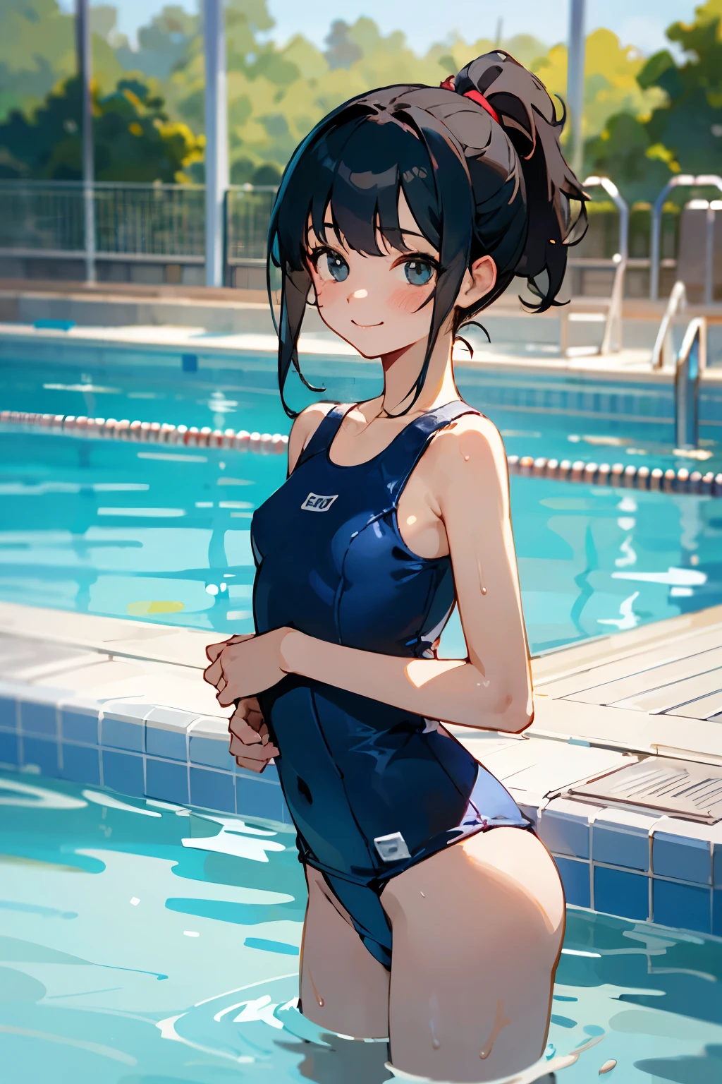 NSFW、In the best quality、 girl standing in swimming pool。In high resolution、Beautiful details、Quiet atmosphere。Black hair ponytail、Cute Smile.。Small breasts、Cute School Swimsuit。