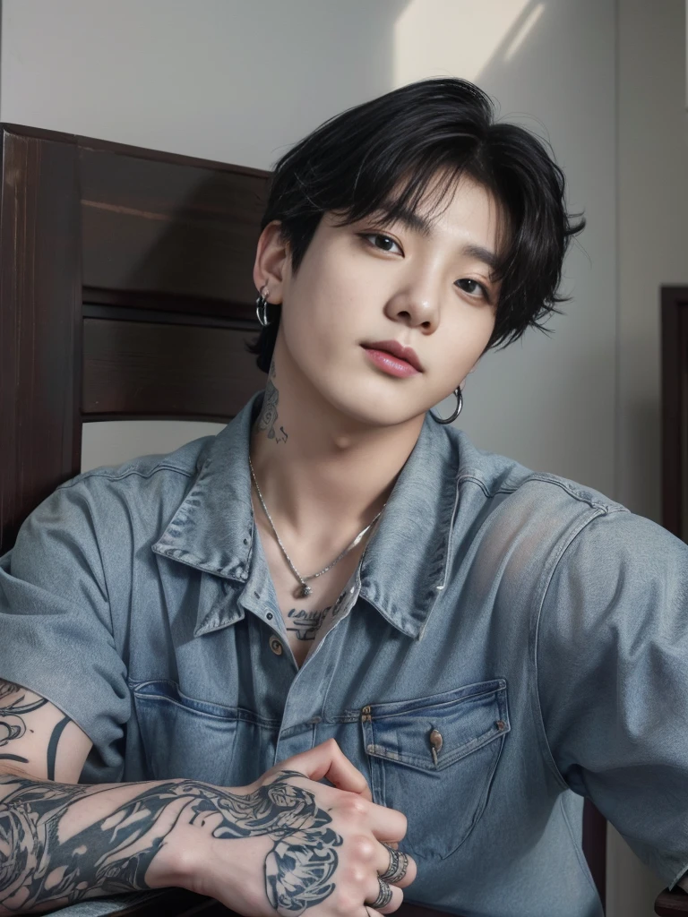chiseled man with tattoos on his arms and arms sitting on a chair, Kim Doyoung, Ulzzang spacious, cai xukun, hyung tae, Hong Jun Hyung, yanjun chengt, kanliu666, Jinyoung Shin, south korean man, headshot profile imageture, profile image, inspired by jeonseok lee, jung jaehyun, Jeon Jungkook from bts