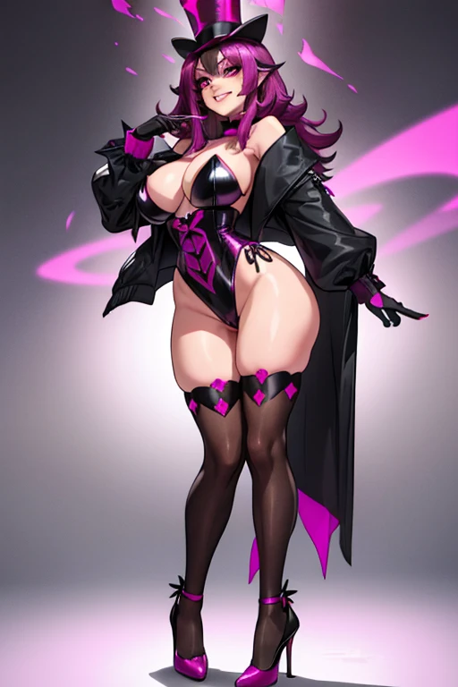 female, black long hair with magenta highlights, silver eyes, black wolf ears, black wolf tail, (((1girl))), (((black ringmaster outfit with magenta trim))), (magenta leotard), (magenta gloves), (magenta stockings), (black heels), (black top hat), cute and sexy, full body, large breasts, large butt, long legs, smiling