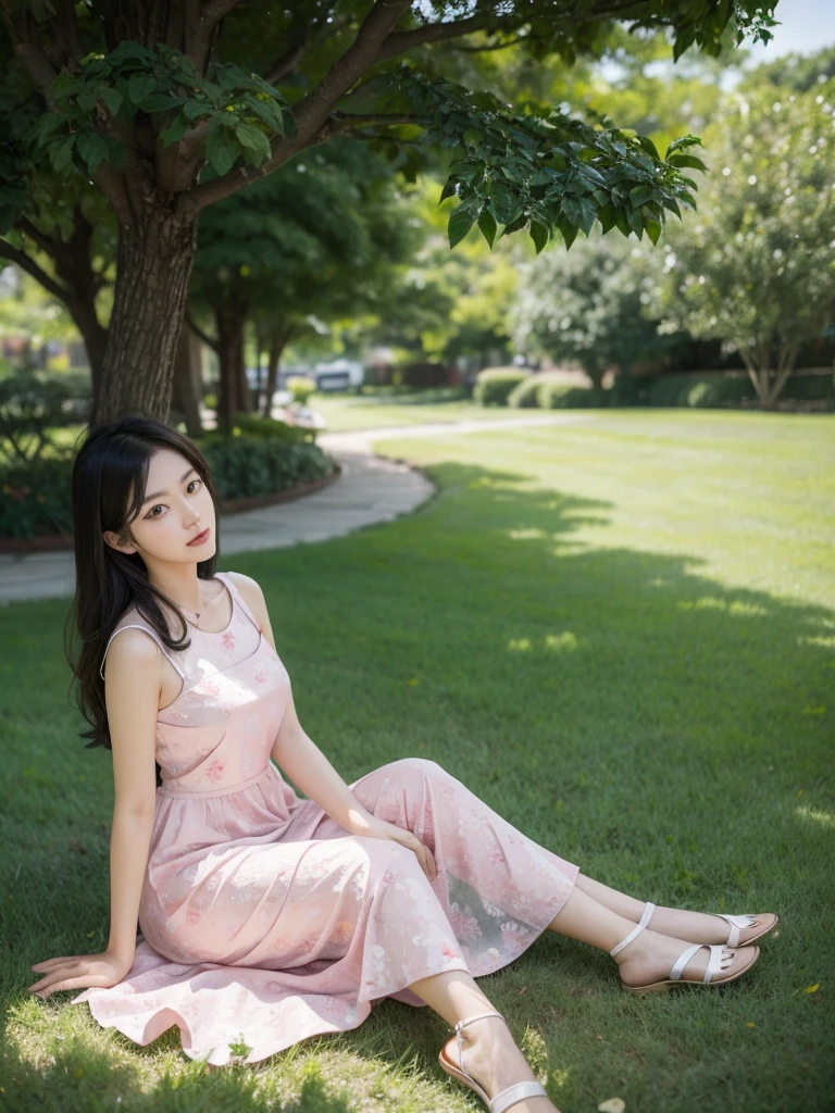 Asian woman in pink dress sitting on the grass, Gu Weiss, Cute and beautiful, Chinese Girl, Cute and delicate face, Cute and elegant pose, Ulzan, Beautiful Korean woman, artwork in the style of Gu Weiss, Korean Girl, xintong chen, (Pink), Girl Cute - Delicate Face, Beautiful Asian girl