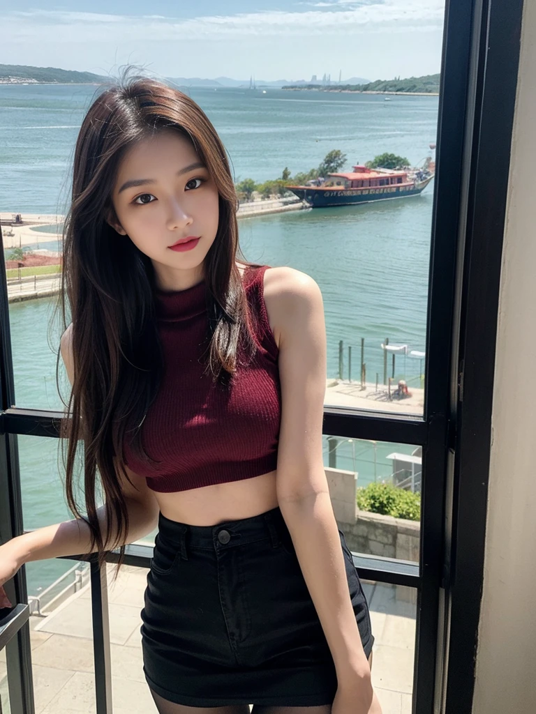 masterpiece，Best quality  beautiful girl，huge ，Burgundy tights，Standing by the sea view room window，Frontal upper body photo，night view，high nose，Oval face，red phoenix eye，Liu Yemei，Ultra-clear，Realistic，16K resolution，Award-winning photography