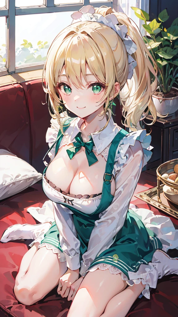 (Best quality, 8k, 32k, Masterpiece, UHD,:1.2),RAW, human, 1girl,ultra cute , ultra cute, natural lighting, transparent shining eyes, 20yo, large breast ,femur, fair complexion , flushed face, ,Homemade Country Dress,long-sleeved dress in muted colors, Handmade apron for practicality and style, sturdy fabrics like cotton, Happily Smiling, ((wariza)), on sofa, emerald green, From above, Closeup shot, Cleavage Cutout, blonde ponytail, arms between legs