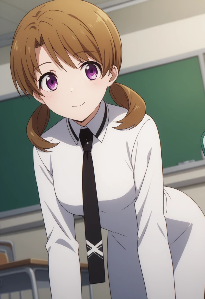 score_9, score_8_up, score_7_up, source_anime,
honokamitsui, honoka mitsui, bangs, brown hair, twintails, purple eyes, low twintails,
long sleeves, dress, , pantyhose, necktie, white dress, black necktie,
indoors, classroom, bent over, smile,
solo, dutch angle, looking at viewer, cowboy shot,