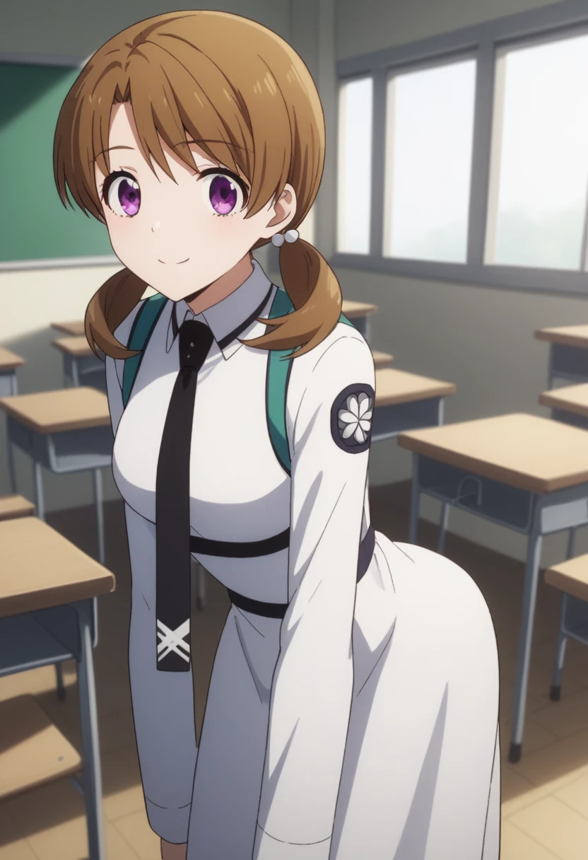 score_9, score_8_up, score_7_up, source_anime,
honokamitsui, honoka mitsui, bangs, brown hair, twintails, purple eyes, low twintails,
long sleeves, dress, , pantyhose, necktie, white dress, black necktie,
indoors, classroom, bent over, smile,
solo, dutch angle, looking at viewer, cowboy shot,