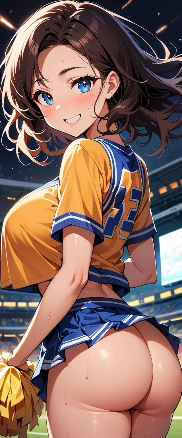 ((1 female)), erotic, desire, desire, charm, sexy, Mature Body, virile, Big Breasts, Small Ass, joy, Excited, Sweat, Cheerleader, Fine and beautiful eyes, Beautiful lip detail, Highly detailed eyes and face, Long eyelashes, Calm expression, Soft lighting, Open atmosphere, Stadium, Sweatを流して.