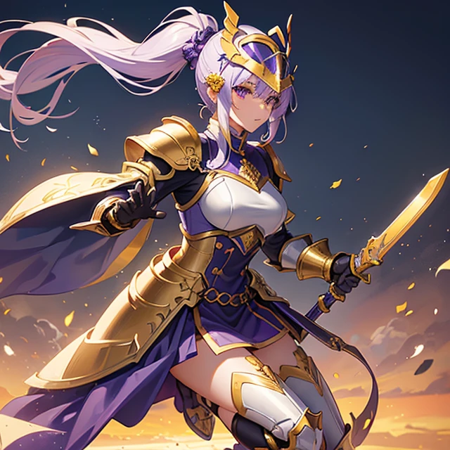 (Very detailed best high quality image, very detailed background, very detailed character)
1man, super soldier knight, 3 meters height,
Bulky Armor: (purple helmet with golden trim, helmet golden ponytail, light blue helmet visor, purple big shoulder pads with golden trims, purple elbow pads with golden trims, big purple boots with golden trims)
Weapons: (long sword, silver blade, golden handle)
Armenian city background