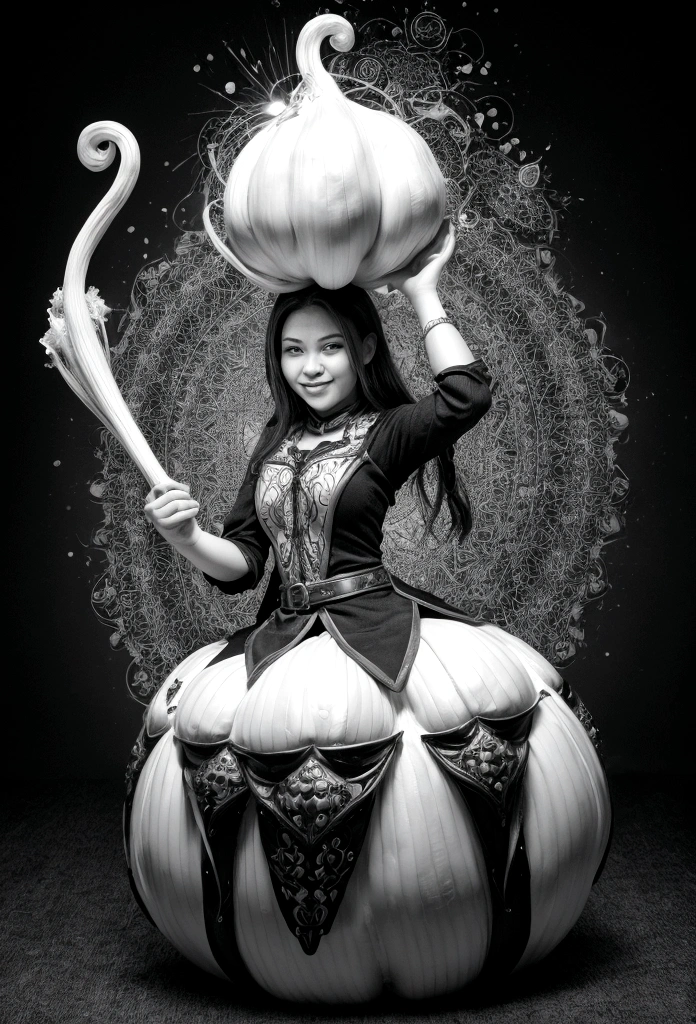 catching big magical garlic. The image should be colorful and high-contrast, The overall composition should be clear and legible even in small format, with a balanced layout. Ensure all elements blend harmoniously to create a cohesive and attractive image.